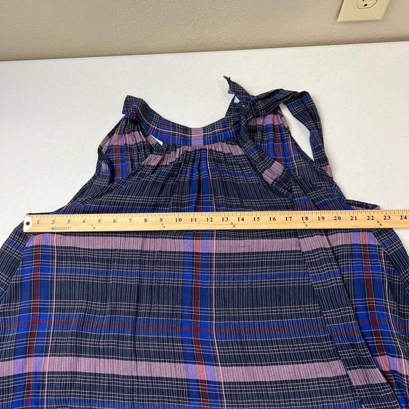 Apiece Apart Medina Top Size 0 Blue Purple Plaid Tie Mock Neck Sleeveless Blouse - Picture 9 of 13